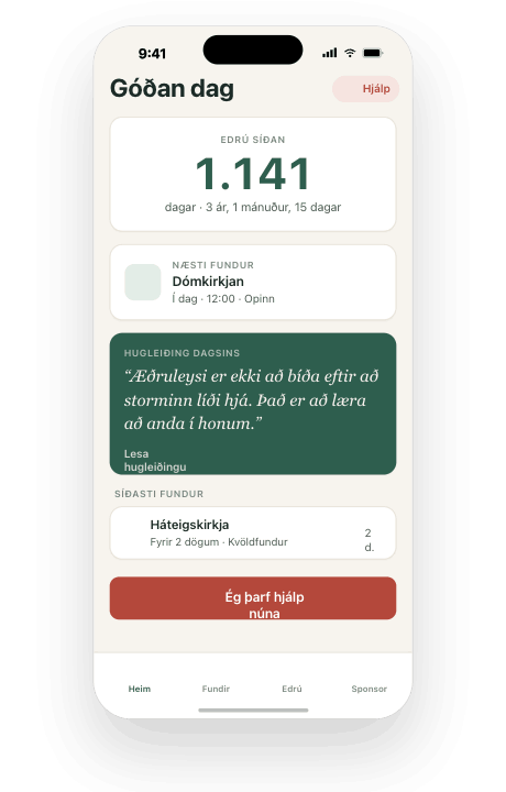 ee — heimaskjár með edrúteljara og hugleiðingu dagsins
